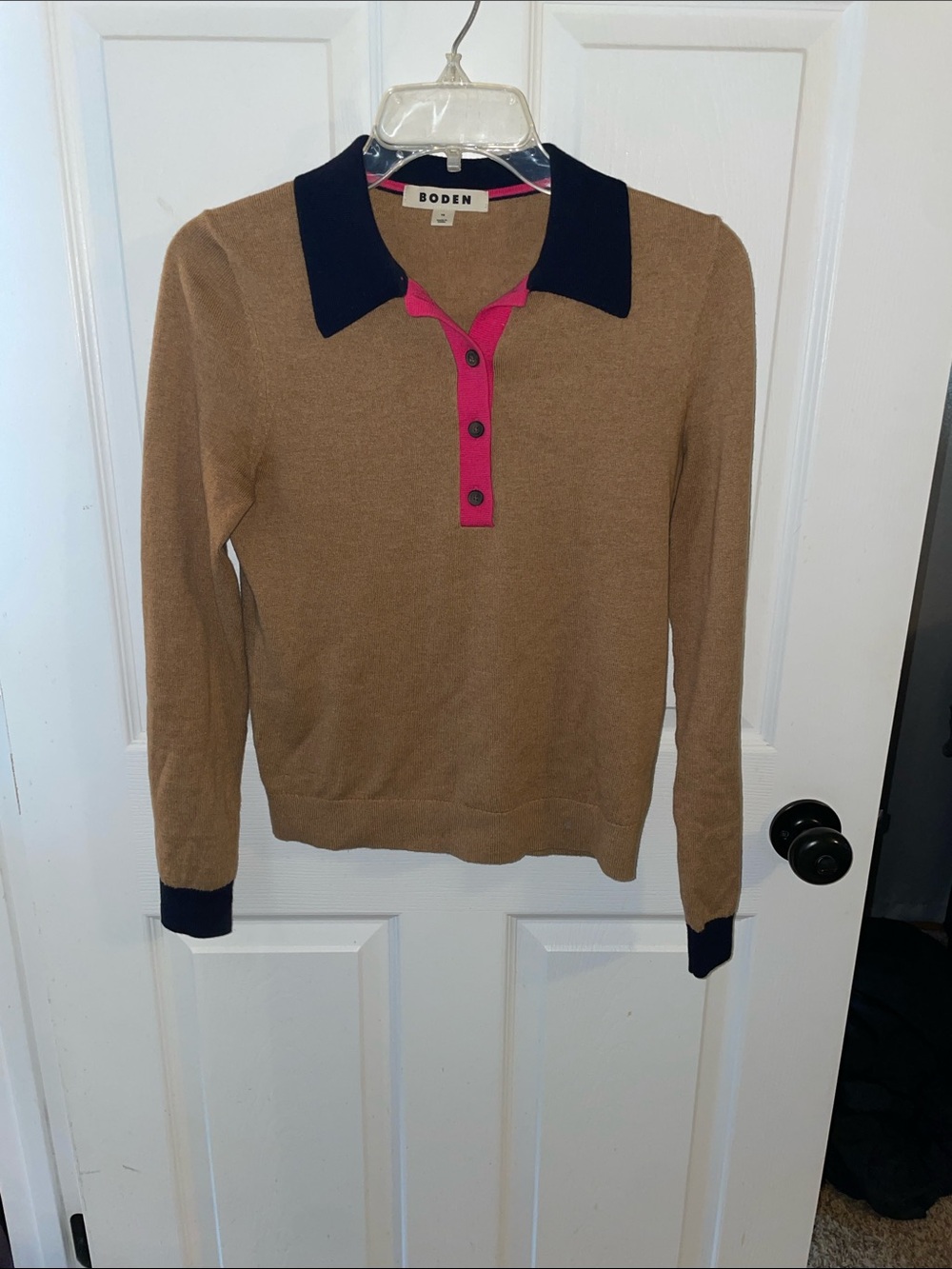 Boden Camel V-Neck Polo Sweater with Navy Collar and Pink Placket